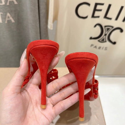 CHRISTIAN LOUBOUTIN 26S HEELED SANDALS 105 MM IN RED SUEDE WITH RHINESTONE-EMBELLISHED STRAPS