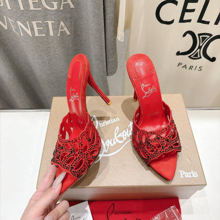 CHRISTIAN LOUBOUTIN 26S HEELED SANDALS 105 MM IN RED SUEDE WITH RHINESTONE-EMBELLISHED STRAPS