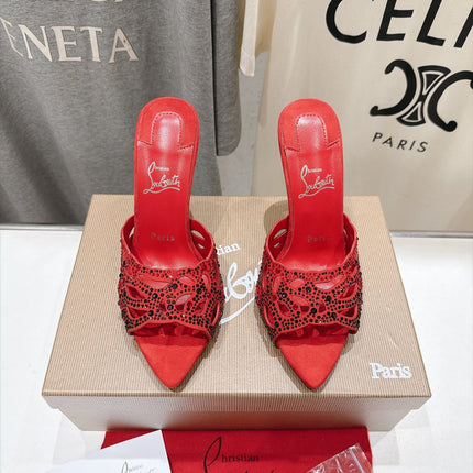 CHRISTIAN LOUBOUTIN 26S HEELED SANDALS 105 MM IN RED SUEDE WITH RHINESTONE-EMBELLISHED STRAPS