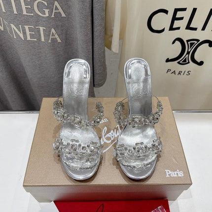 CHRISTIAN LOUBOUTIN 26S HEEL SANDALS 105 MM IN METALLIC SILVER CALFSKIN RHINESTONE-EMBELLISHED