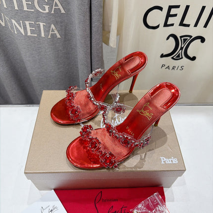CHRISTIAN LOUBOUTIN 26S HEEL SANDALS 105 MM IN METALLIC RED CALFSKIN RHINESTONE-EMBELLISHED