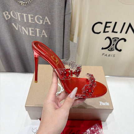 CHRISTIAN LOUBOUTIN 26S HEEL SANDALS 105 MM IN METALLIC RED CALFSKIN RHINESTONE-EMBELLISHED