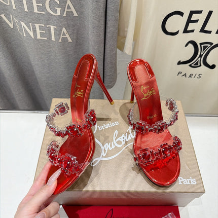CHRISTIAN LOUBOUTIN 26S HEEL SANDALS 105 MM IN METALLIC RED CALFSKIN RHINESTONE-EMBELLISHED