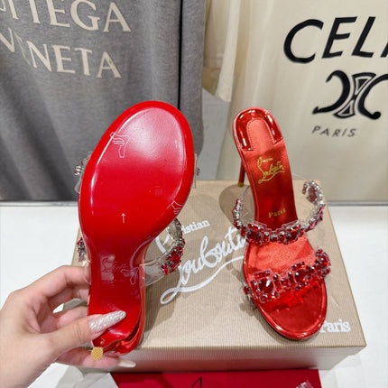 CHRISTIAN LOUBOUTIN 26S HEEL SANDALS 105 MM IN METALLIC RED CALFSKIN RHINESTONE-EMBELLISHED