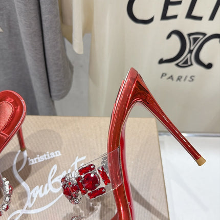 CHRISTIAN LOUBOUTIN 26S HEEL SANDALS 105 MM IN METALLIC RED CALFSKIN RHINESTONE-EMBELLISHED