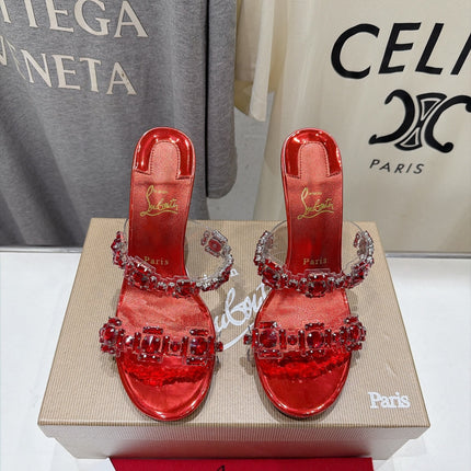 CHRISTIAN LOUBOUTIN 26S HEEL SANDALS 105 MM IN METALLIC RED CALFSKIN RHINESTONE-EMBELLISHED