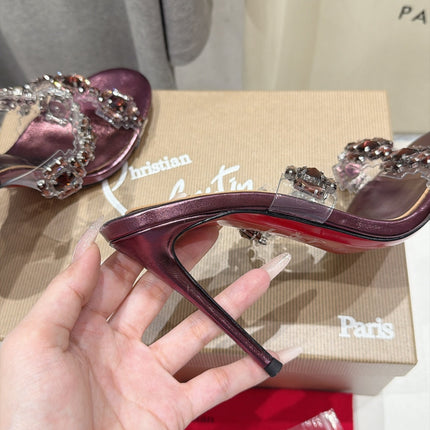 CHRISTIAN LOUBOUTIN 26S HEEL SANDALS 105 MM IN PURPLE METALLIC CALFSKIN RHINESTONE-EMBELLISHED