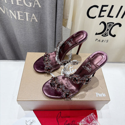 CHRISTIAN LOUBOUTIN 26S HEEL SANDALS 105 MM IN PURPLE METALLIC CALFSKIN RHINESTONE-EMBELLISHED