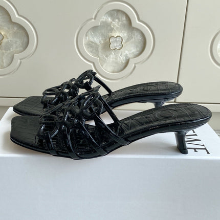 LOEWE 26S HIGH HEEL SANDALS 45MM IN BLACK CROC-EMBOSSED PATENT CALFSKIN