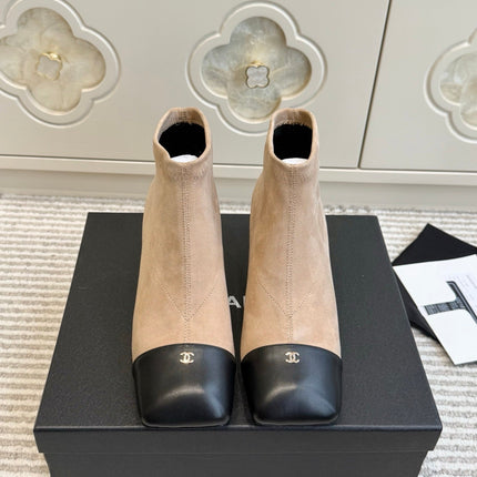 CHANEL 26S ANKLE BOOTS IN BEIGE SUEDE AND BLACK PATENT SQUARE TOE