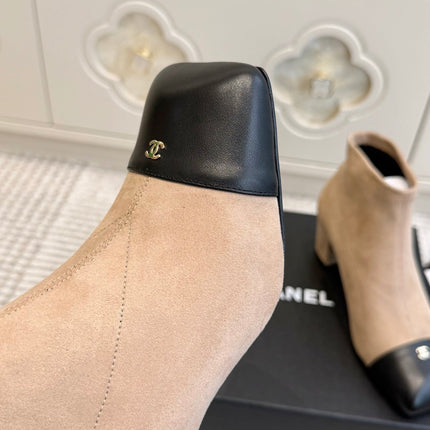 CHANEL 26S ANKLE BOOTS IN BEIGE SUEDE AND BLACK PATENT SQUARE TOE