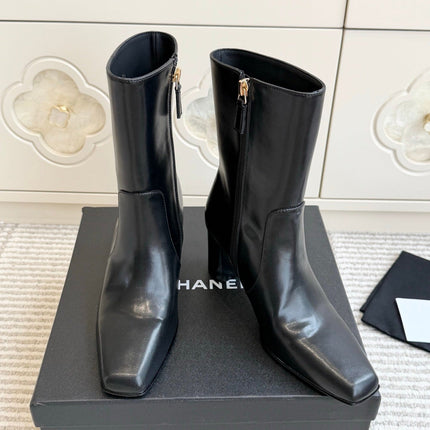 CHANEL 26S HIGH HEEL ANKLE BOOTS 70 MM IN BLACK CALFSKIN SQUARE TOE