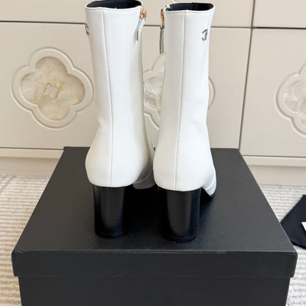 CHANEL 26S HIGH HEEL ANKLE BOOTS 70 MM IN WHITE CALFSKIN SQUARE TOE