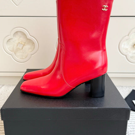 CHANEL 26S HIGH HEEL ANKLE BOOTS 70 MM IN RED CALFSKIN SQUARE TOE