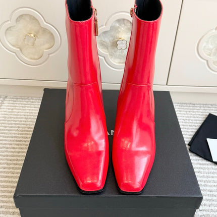 CHANEL 26S HIGH HEEL ANKLE BOOTS 70 MM IN RED CALFSKIN SQUARE TOE