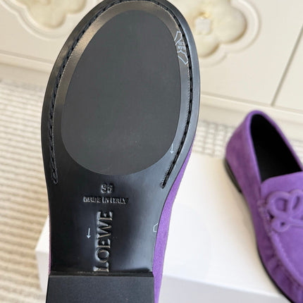 LOEWE 26S ANAGRAM LOAFERS IN PURPLE SUEDE