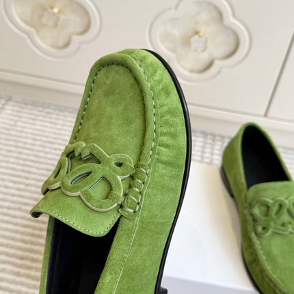 LOEWE 26S ANAGRAM LOAFERS IN GREEN SUEDE