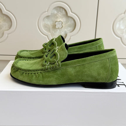 LOEWE 26S ANAGRAM LOAFERS IN GREEN SUEDE