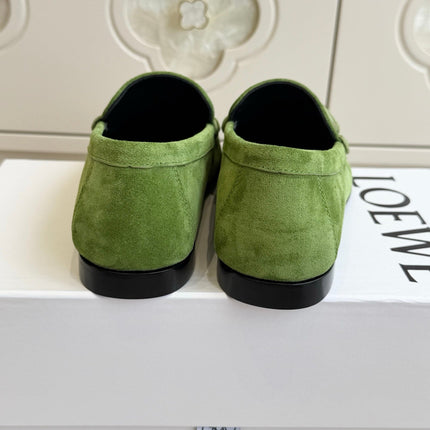 LOEWE 26S ANAGRAM LOAFERS IN GREEN SUEDE