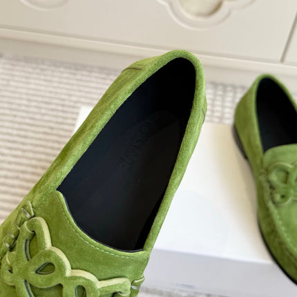 LOEWE 26S ANAGRAM LOAFERS IN GREEN SUEDE