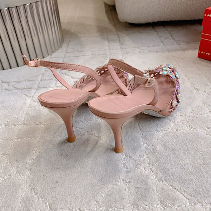 RENE CAOVILLA 26S HEELED SLINGBACKS 65 MM IN NUDE PINK CRYSTAL FLOWERS