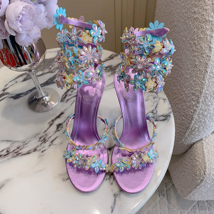 RENE CAOVILLA 26S HEEL SANDALS 95 MM IN METALLIC PURPLE LAMBSKIN CRYSTAL FLOWER EMBELLISHMENTS