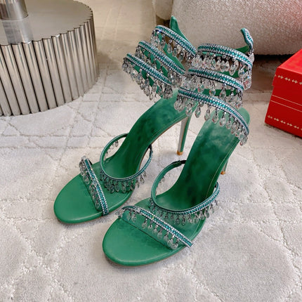 RENE CAOVILLA 26S CLEO HIGH HEELS SANDALS 95 MM IN GREEN LAMBSKIN