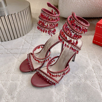 RENE CAOVILLA 26S CLEO HIGH HEELS SANDALS 95 MM IN DARK RED LAMBSKIN STYLE 12