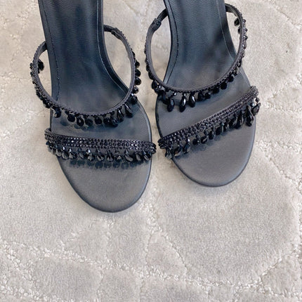 RENE CAOVILLA 26S CLEO HIGH HEELS SANDALS 95 MM IN BLACK LAMBSKIN STYLE 7