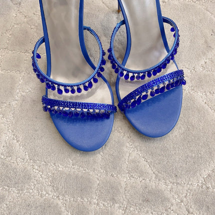 RENE CAOVILLA 26S CLEO HIGH HEELS SANDALS 95 MM IN NAVY BLUE LAMBSKIN