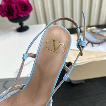 VALENTINO 26S SLINGBACKS 75 MM IN SKY BLUE FABRIC LACE