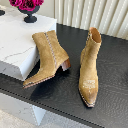 CELINE 26S ANKLE COWBOY BOOTS IN BEIGE SUEDE POINTED TOE