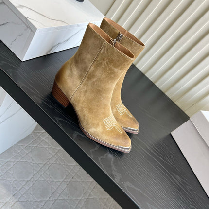 CELINE 26S ANKLE COWBOY BOOTS IN BEIGE SUEDE POINTED TOE