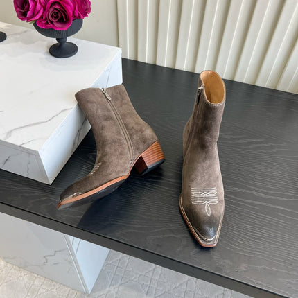 CELINE 26S ANKLE COWBOY BOOTS IN DARK BROWN SUEDE POINTED TOE