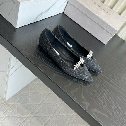 JIMMY CHOO 26S BALLET FLATS IN BLACK GLITTER
