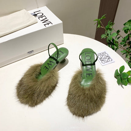 LOEWE 26S OPEN-BACK HIGH HEELS 60MM IN GREEN CALFSKIN WITH FUR
