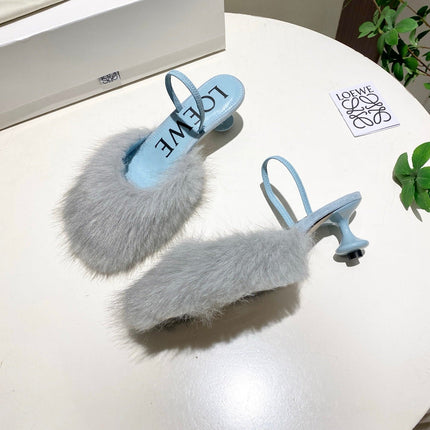 LOEWE 26S OPEN-BACK HIGH HEELS 60MM IN LIGHT BLUE CALFSKIN WITH FUR