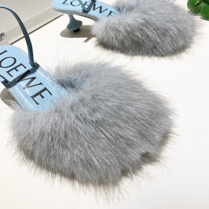 LOEWE 26S OPEN-BACK HIGH HEELS 60MM IN LIGHT BLUE CALFSKIN WITH FUR