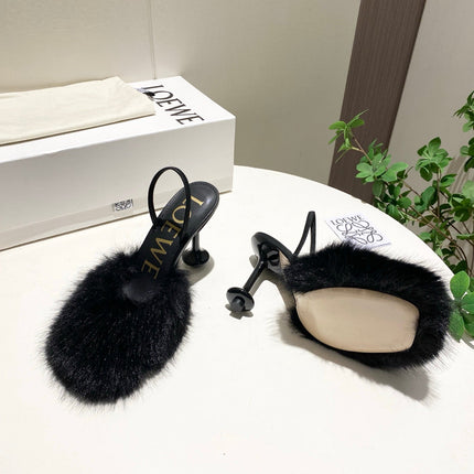 LOEWE 26S OPEN-BACK HIGH HEELS 100MM IN BLACK CALFSKIN WITH FUR