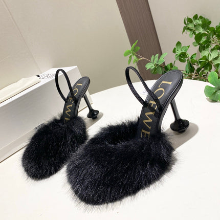 LOEWE 26S OPEN-BACK HIGH HEELS 100MM IN BLACK CALFSKIN WITH FUR
