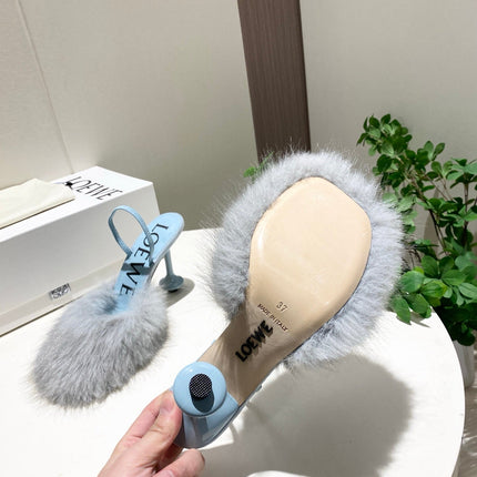 LOEWE 26S OPEN-BACK HIGH HEELS 100MM IN LIGHT BLUE CALFSKIN WITH FUR