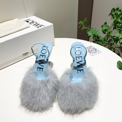 LOEWE 26S OPEN-BACK HIGH HEELS 100MM IN LIGHT BLUE CALFSKIN WITH FUR