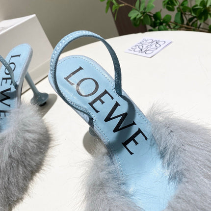 LOEWE 26S OPEN-BACK HIGH HEELS 100MM IN LIGHT BLUE CALFSKIN WITH FUR