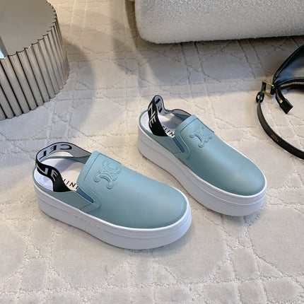 CELINE 26S WEDGE MULES MM IN LIGHT BLUE SMOOTH CALFSKIN