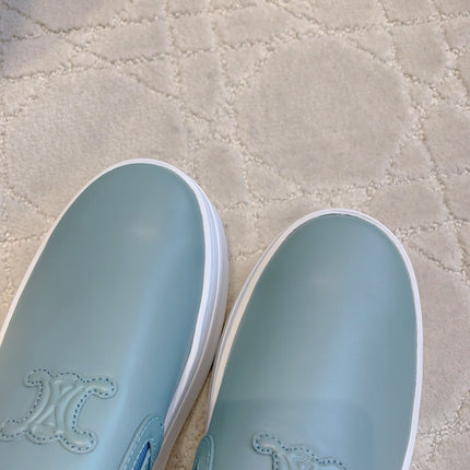 CELINE 26S WEDGE MULES MM IN LIGHT BLUE SMOOTH CALFSKIN