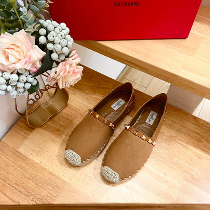 VALENTINO 26S SLIP ON SHOES IN BROWN CANVAS WITH ROCKSTUDS