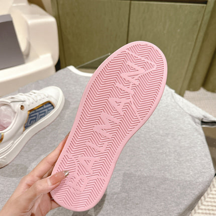 BALMAIN 26S SNEAKERS IN WHITE CALFSKIN AND BLUE CANVAS WITH LIGHT PINK SOLE