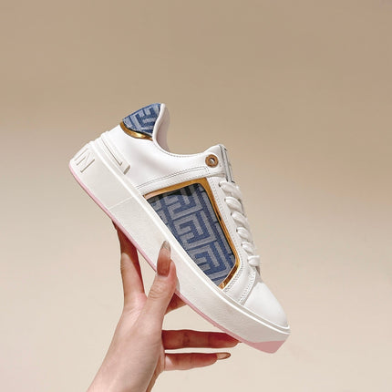 BALMAIN 26S SNEAKERS IN WHITE CALFSKIN AND BLUE CANVAS WITH LIGHT PINK SOLE