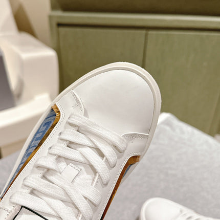 BALMAIN 26S SNEAKERS IN WHITE CALFSKIN AND BLUE CANVAS WITH LIGHT PINK SOLE