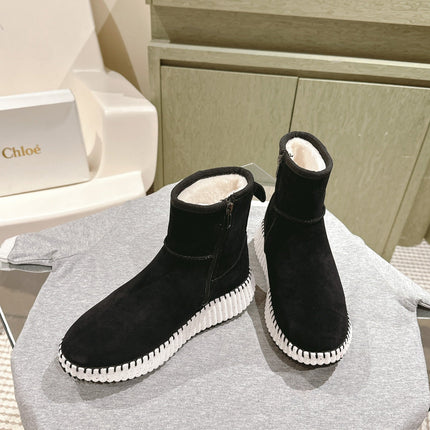 CHLOÉ 26S SHEARLING ANKLE BOOTS IN BLACK SUEDE